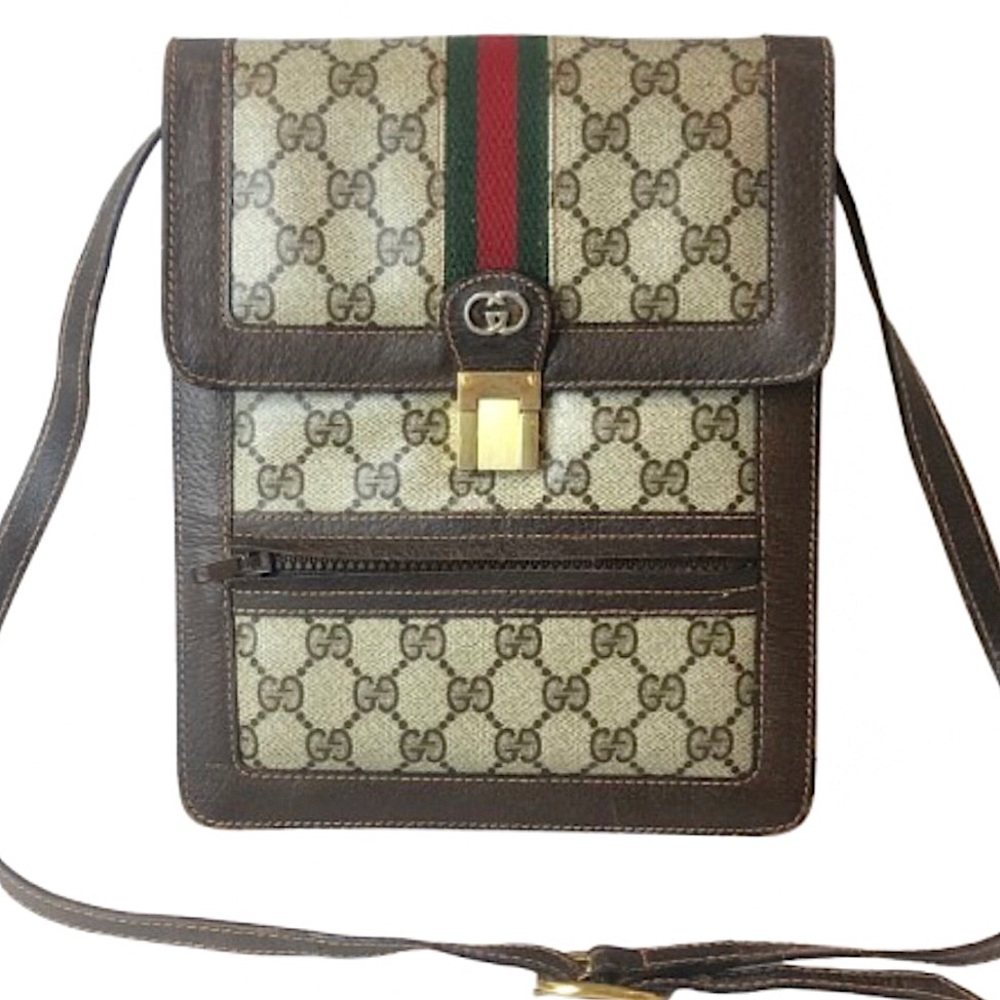 GUCCI GG Supreme Ophidia Sherryline Brown Leather Tan Coated Canvas Shoulder Bag
